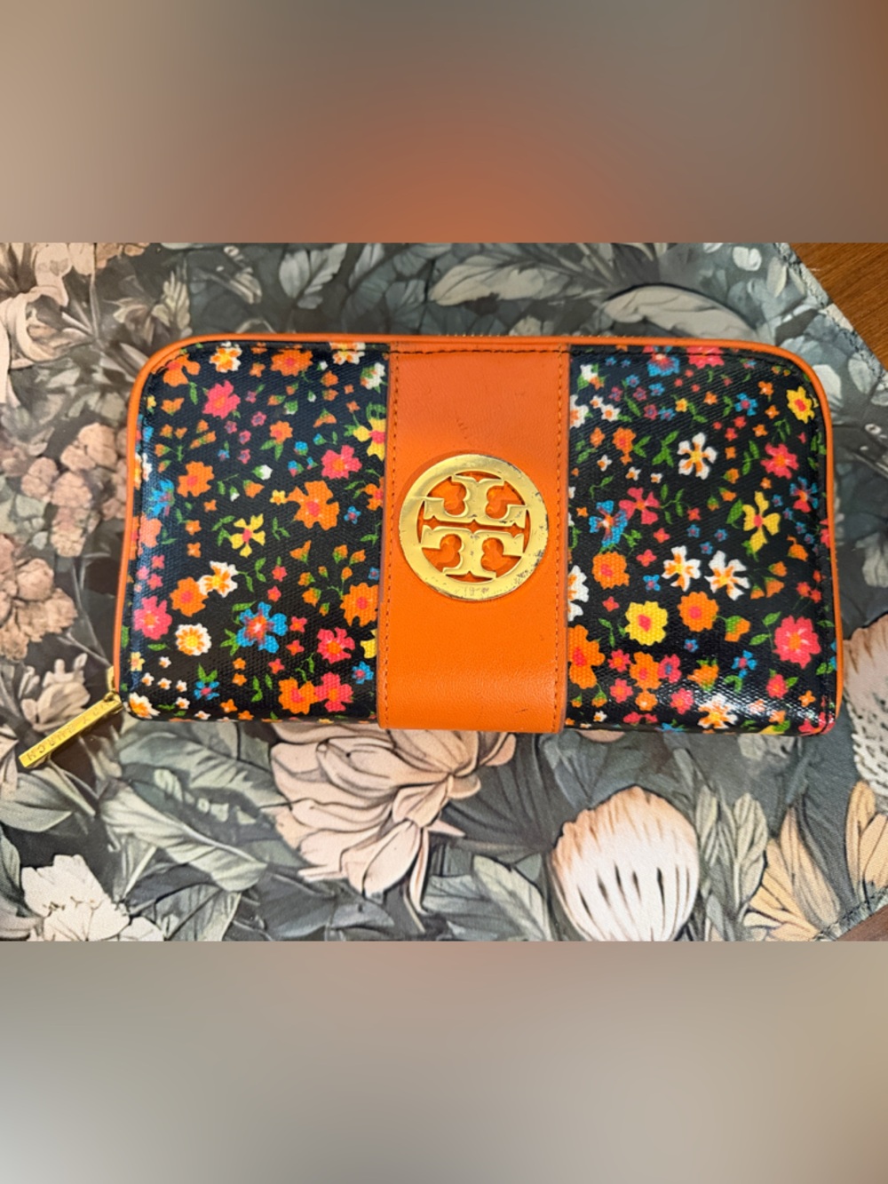 Tory Burch Black Floral Zip Wallet with Orange Trim and Gold Logo